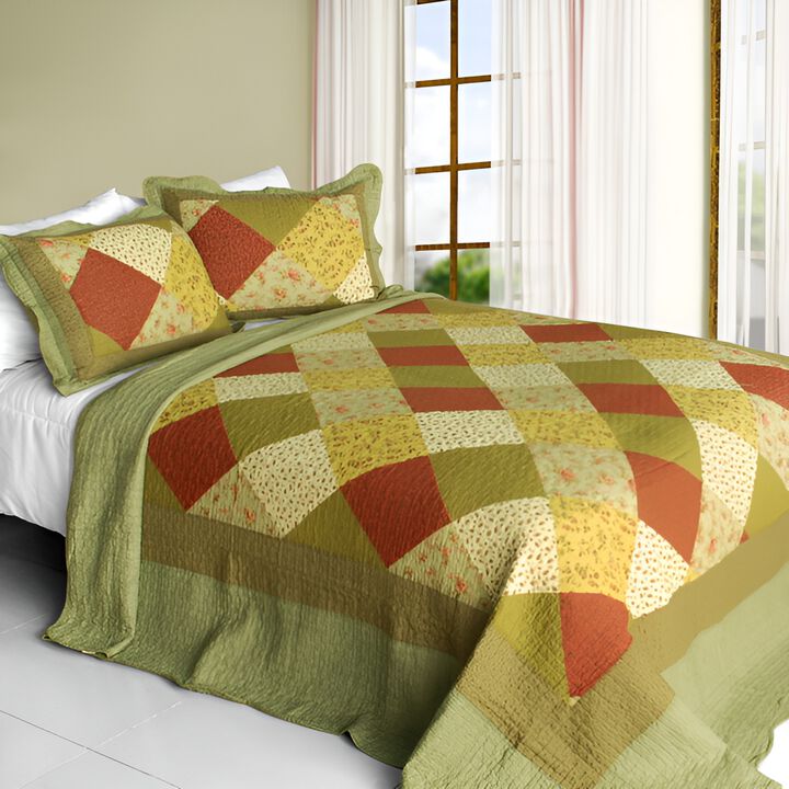 Cotton Queen 3PC Quilted Striped Print Bedding Set Vermicelli Stitch Soft Quilt Set