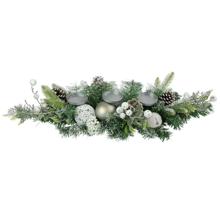 32" Green Frosted Pine Triple Candle Holder with Christmas Ornaments and Pinecones