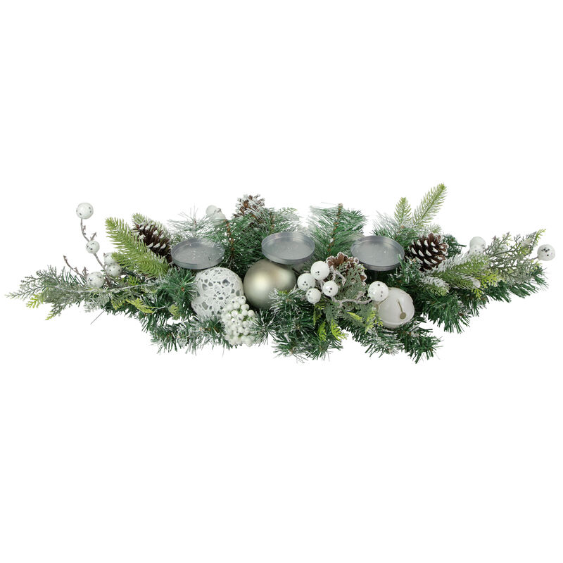 32" Green Frosted Pine Triple Candle Holder with Christmas Ornaments and Pinecones
