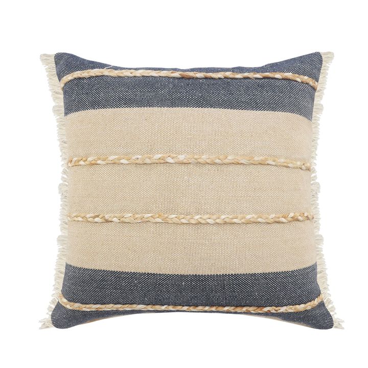 24" Tan and Blue Striped Square Throw Pillow with Jute Braiding