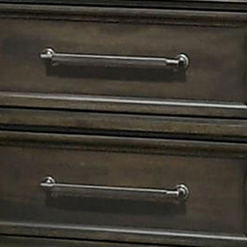 Ston 26 Inch Nightstand, 2 Drawers, Pewter Handles, Crown Mold, Wood, Gray - Benzara