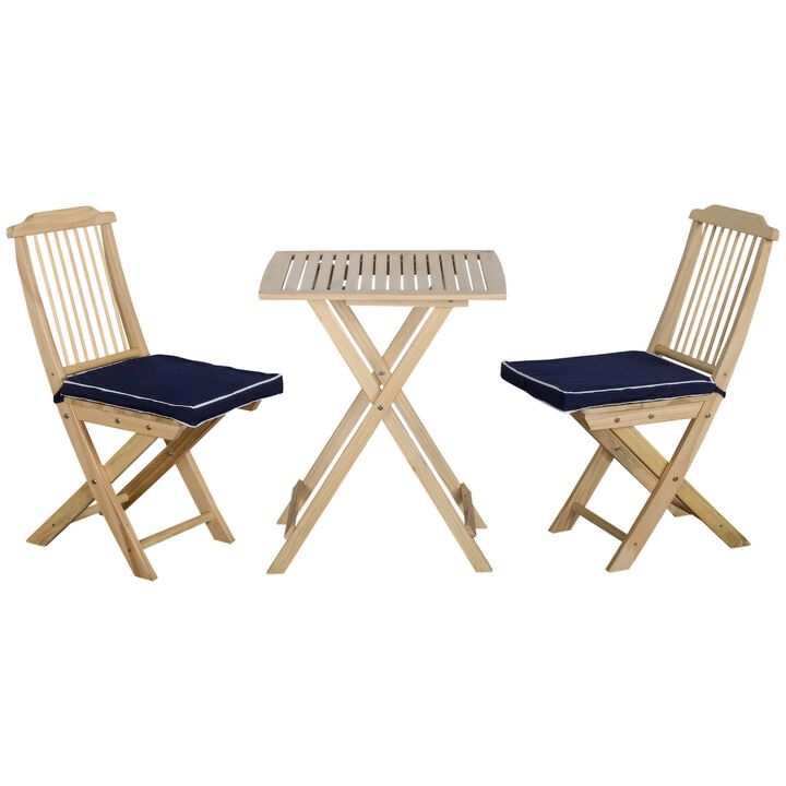 3 Piece Folding Patio Bistro Set, 2 Outdoor Wooden Folding Chairs and Table with Cushions for Poolside, Porch, Garden, Natural
