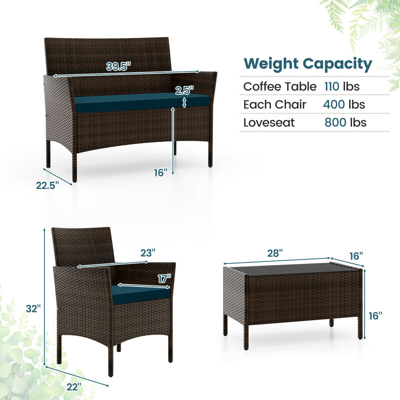 4 Piece Patio Rattan Conversation Set with Cozy Seat Cushions