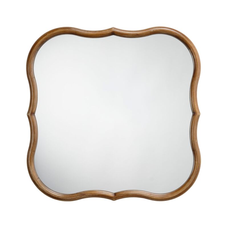Deri Scalloped Wall Mirror, 31 Inch Brown Frame, Non Beveled Edge - Benzara image number 1