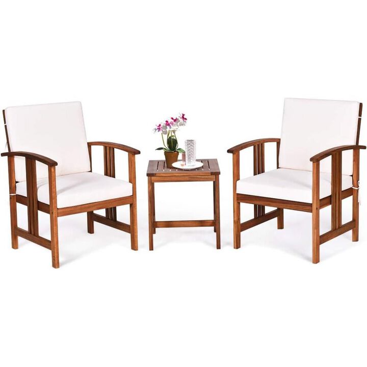 Hivvago 3-Piece Solid Wood Outdoor Patio Furniture Table Chairs Set with White Cushions