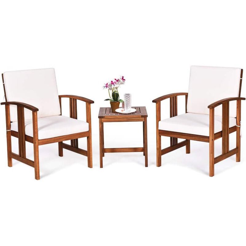 Hivvago 3-Piece Solid Wood Outdoor Patio Furniture Table Chairs Set with White Cushions