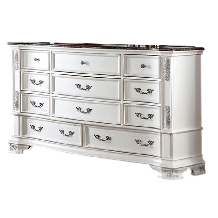 Prio Wide Dresser, 11 Drawers, Marble Top, Carved Pearl White Wood
