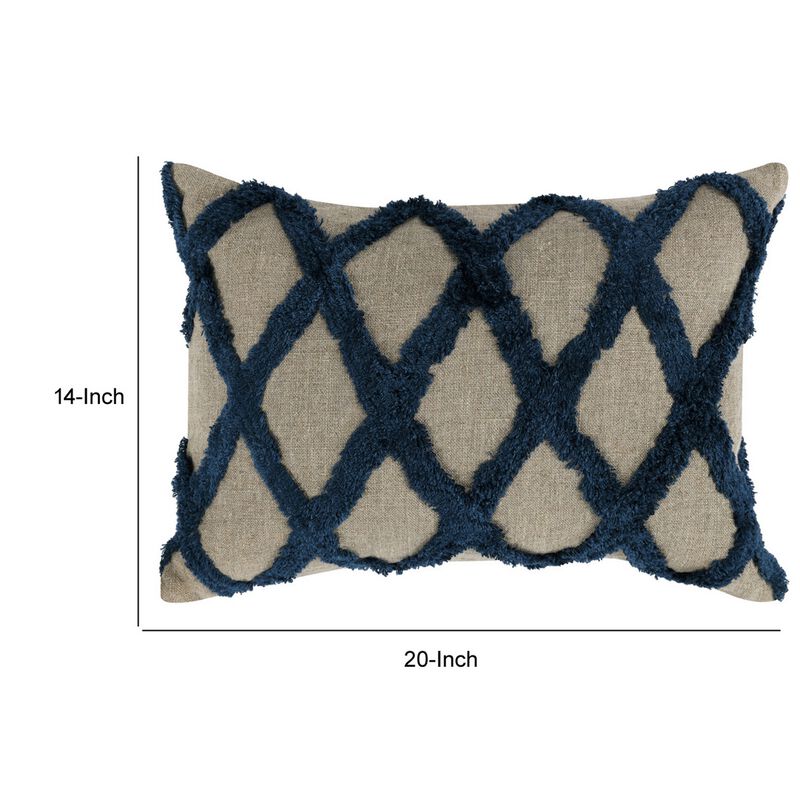 Lo 14 x 20 Lumbar Linen Accent Throw Pillow, Tufted Diamond Pattern, Blue - Benzara