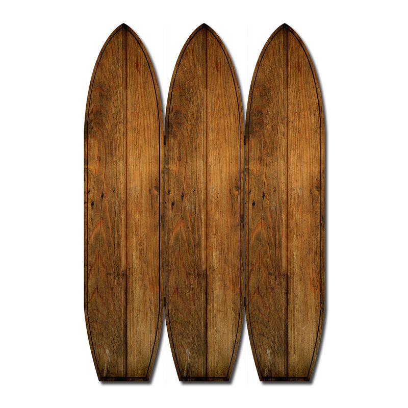 Plank Style Surfboard Shaped 3 Panel Wooden Room Divider, Brown-Benzara image number 1