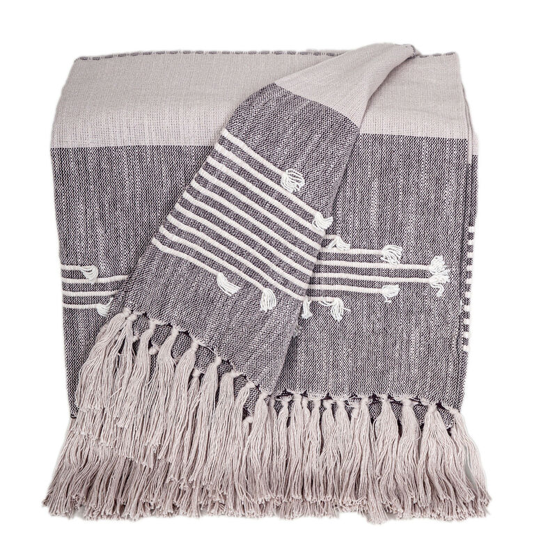 HomeRoots 50" X 60" Gray Woven Cotton Striped Throw Blanket with Tassels and Embroidery image number 0
