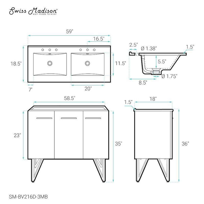 60 in. White, Double Basin Bathroom Vanity, Black, 3-Hole Sink Top image number 4