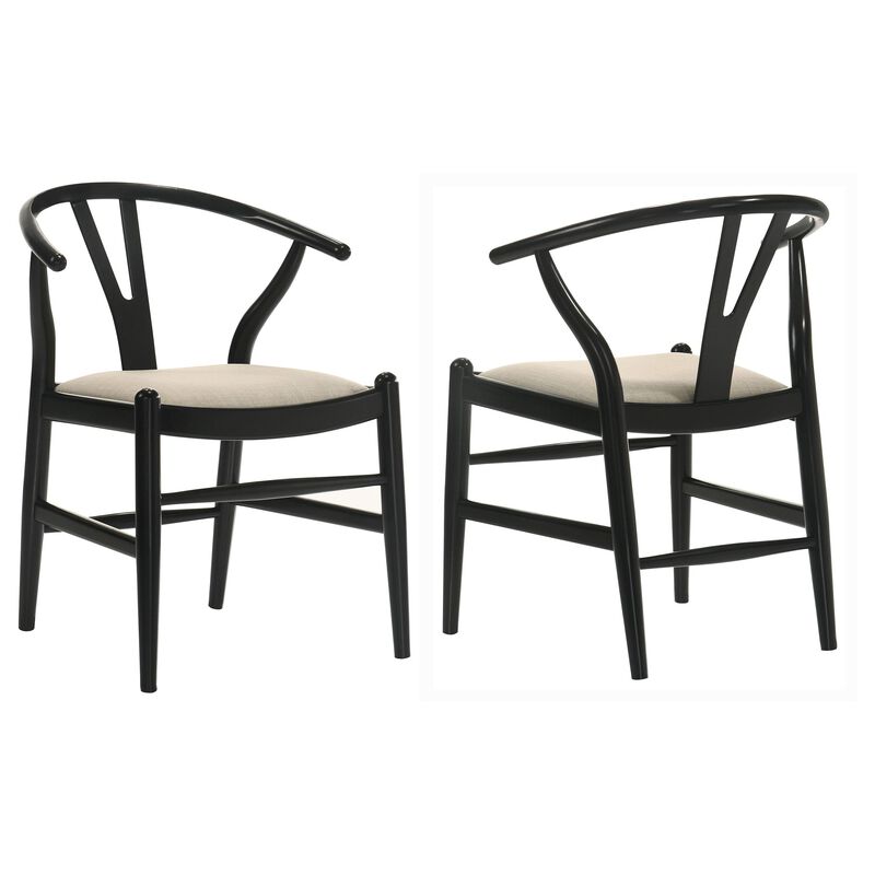 Ellie Wishbone Dining Chair Set of 2, Beige Fabric, Black Hardwood - Benzara