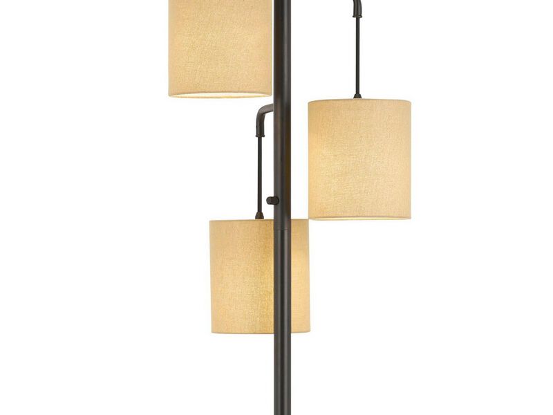 3 Light Lantern Design Metal Floor Lamp with Fabric Shades, Black and Beige - Benzara