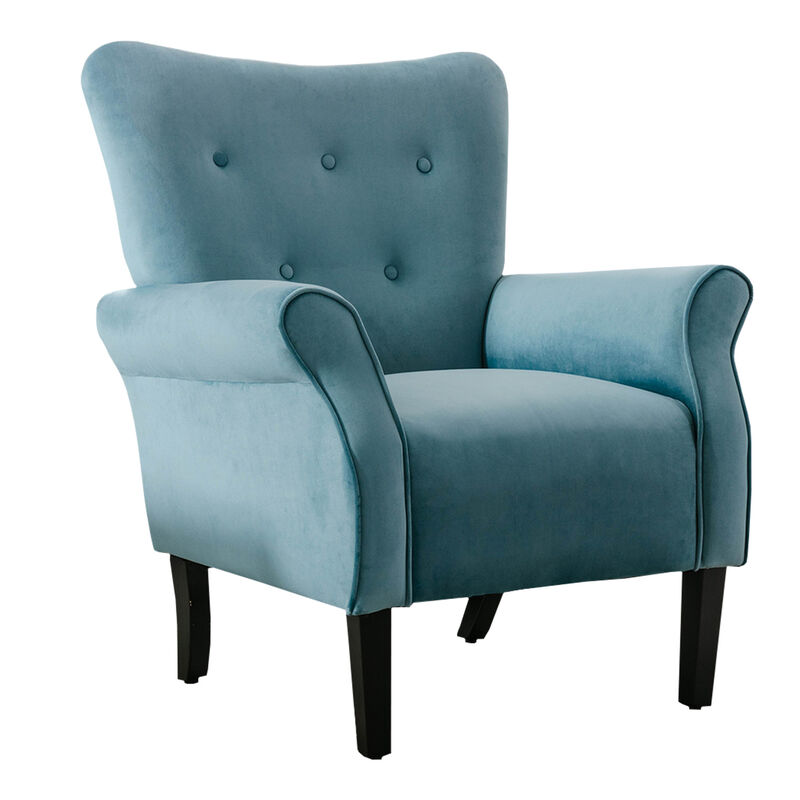 Cilic 32 Inch Accent Chair, Button Tufted Back, Rolled Arms, Blue Fabric-Benzara image number 1