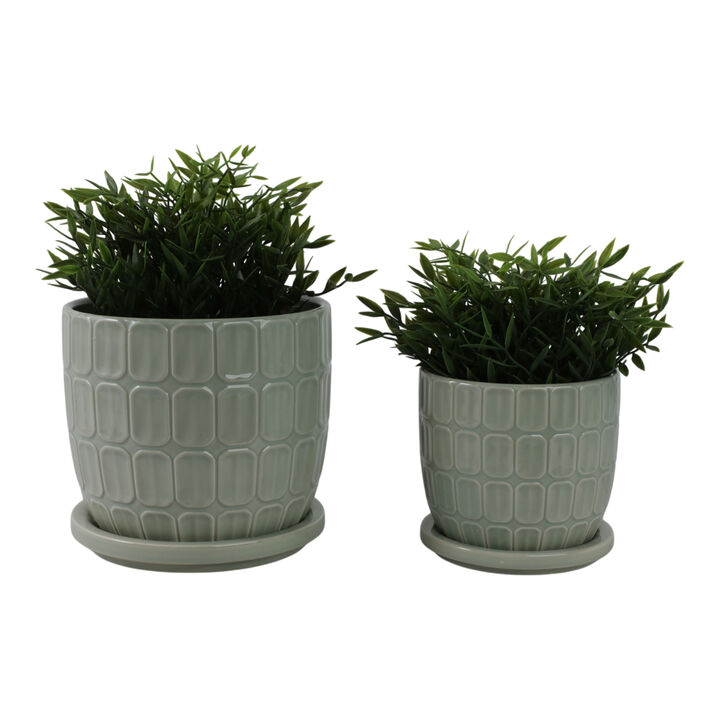 S/2 6/8" Squoval Design Saucer Planters, Sage Gree