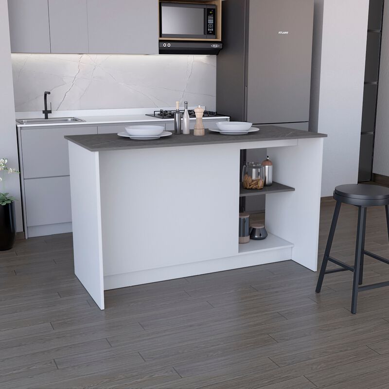 Coral Kitchen Island with Large Countertop, Open Storage Shelves and Double Door Cabinet, White / Onyx -Kitchen