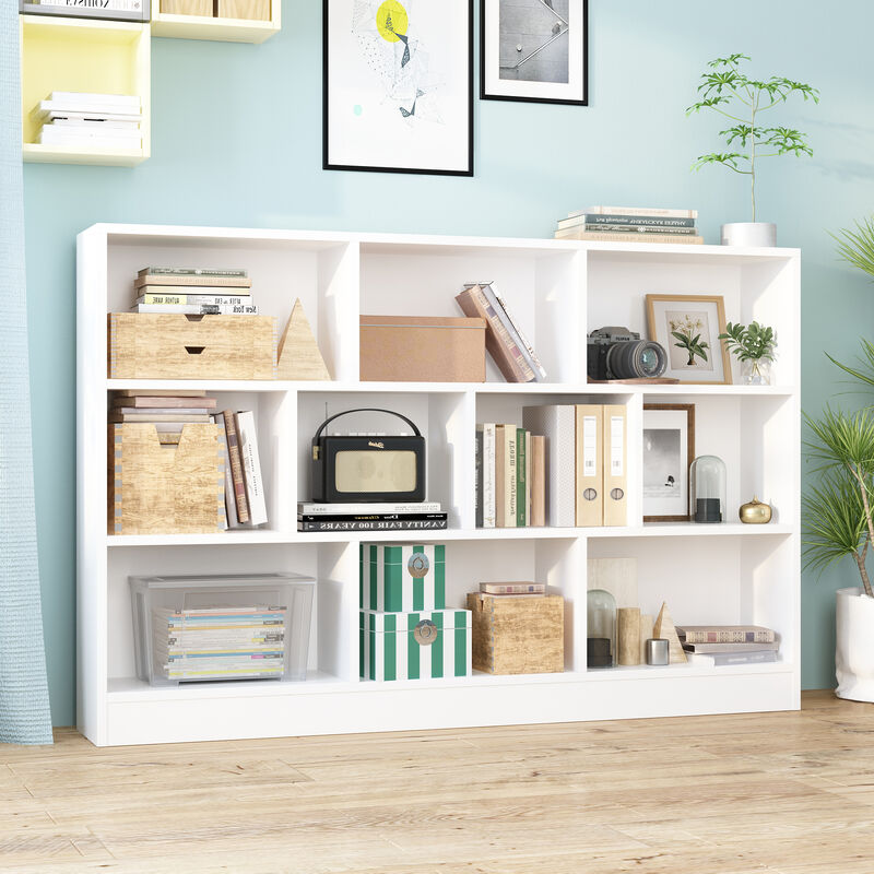 41.3 in. H x 55.1 in. W White Wood 10-Shelf Freestanding Standard Bookcase Display Bookshelf With Cubes