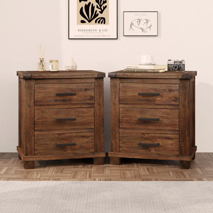 Merax Reclaimed Pine 3-Drawer Nightstand with Antique Zinc Pulls &ndash; Rustic Distressed Finish