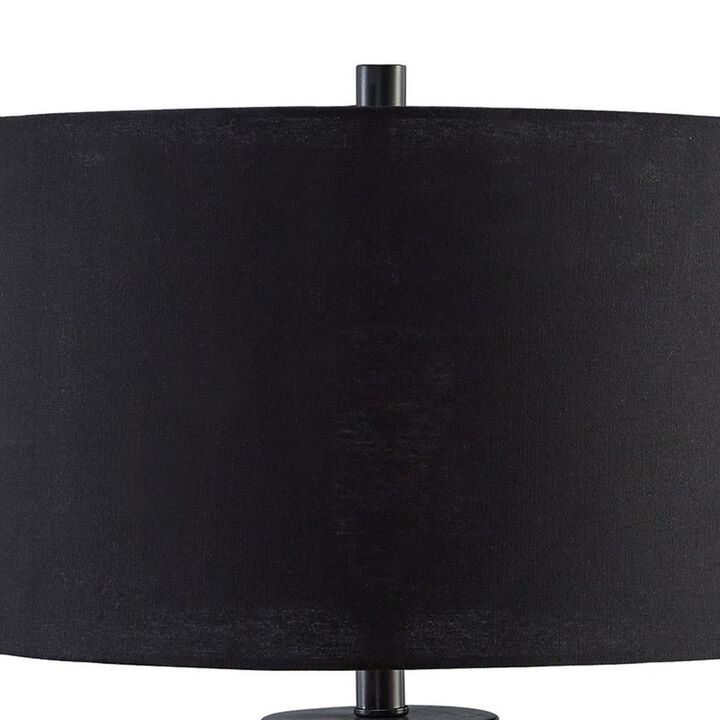 30 Inch Modern Table Lamp, Cylindrical Brass Metal Base, Black Drum Shade-Benzara