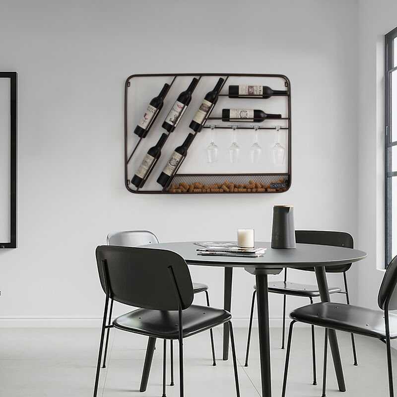 Vintiquewise Vintage-Inspired Decorative Metal Wall-Mounted Wine Rack with Cork and Wine Glass Holder, Featuring a Floorstanding Display Option for Versatile and Stylish Wine Storage, Brown