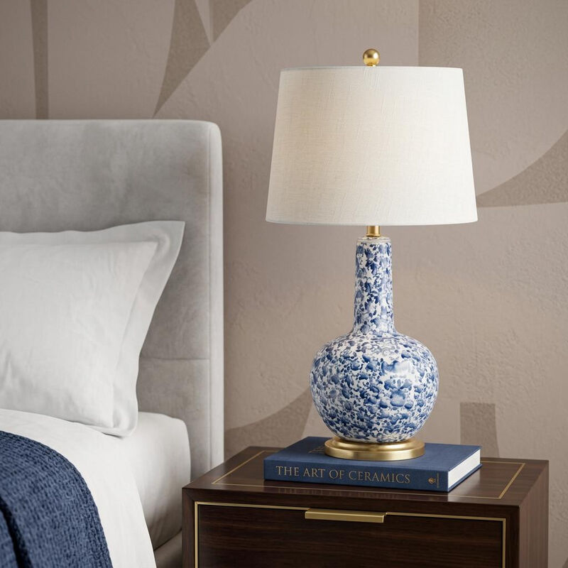 HomeRoots 30" Blue White And Gold Gourd Table Lamp With Drum Shade image number 1