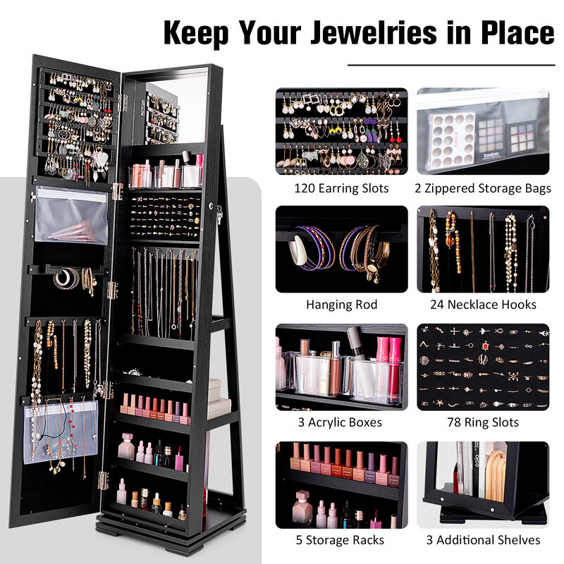 360&deg; Rotatable 2-in-1 Lockable Jewelry Cabinet with Full-Length Mirror