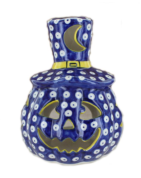 Blue Rose Polish Pottery Dots Pumpkin Luminary with Top Hat
