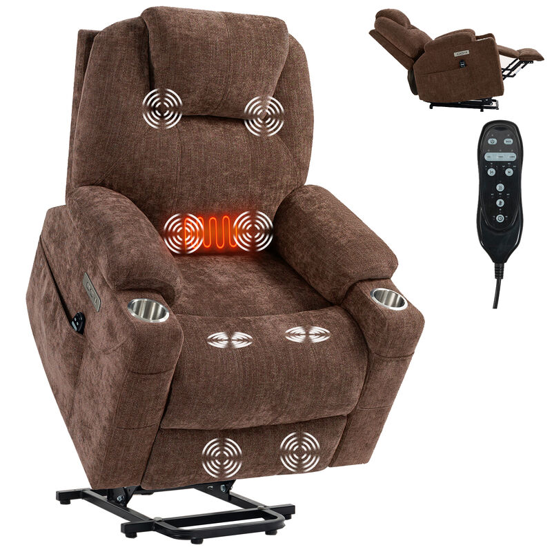 Chenille Power Lift Recliner Chair, Heavy Duty Motion Mechanism with Massage and Lumbar Heating, USB and Type-C Ports