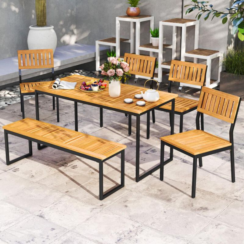 Hivvago 6 Pieces Outdoor Acacia Wood Dining Set with Bench and 2 Inches Umbrella Hole
