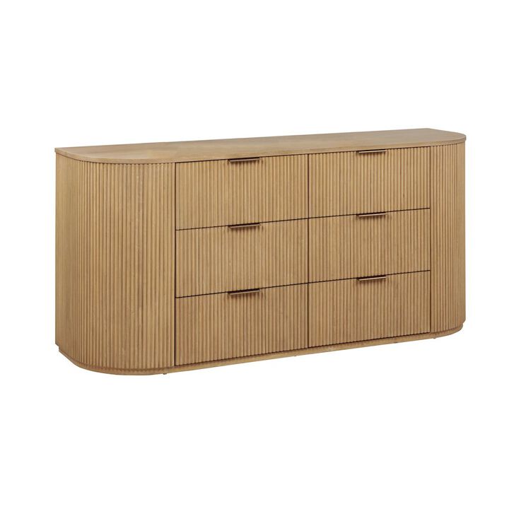 Best Master Furniture 70" Wide Modern Fluted 6-Drawer Dresser Mid Century, Light Oak