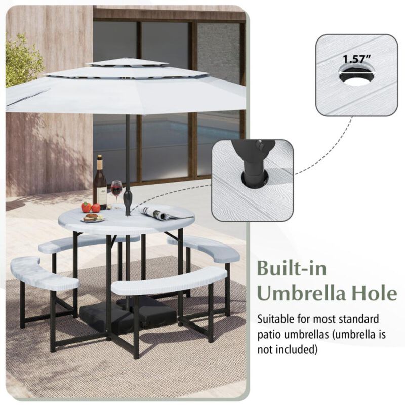 Hivvago Round Picnic Table Bench Set with 4 Benches and Umbrella Hole for Patio Lawn