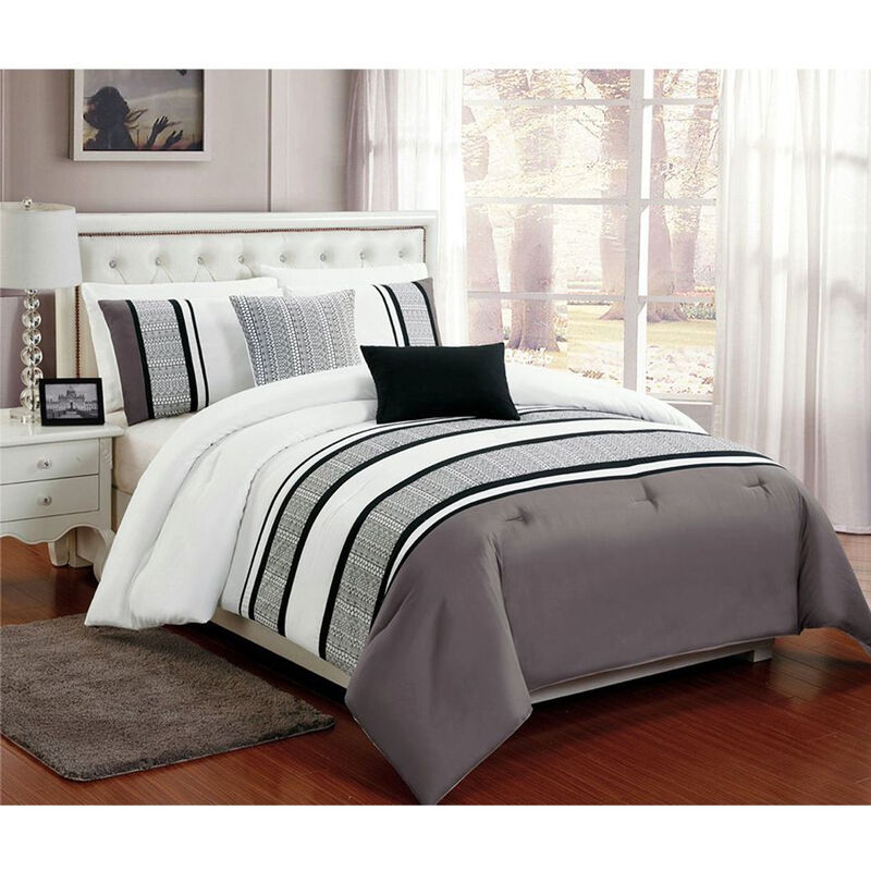 Legacy Decor 5 PC Grey, White and Black King Comforter Bedding Set with Burnout Lace Design