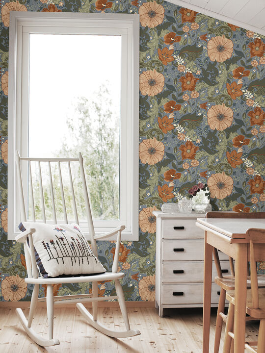 Victoria Blue Floral Nouveau Wallpaper