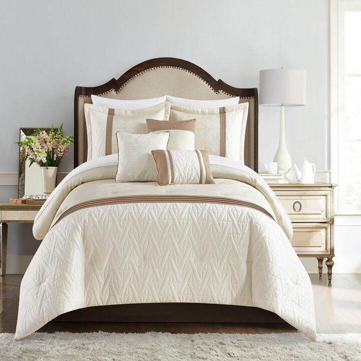Chic Home Macie Comforter Set Jacquard Woven Geometric Design Pleated Quilted Details Bedding - Decorative Pillows Shams Included - 6 Piece - King 104x96", Beige