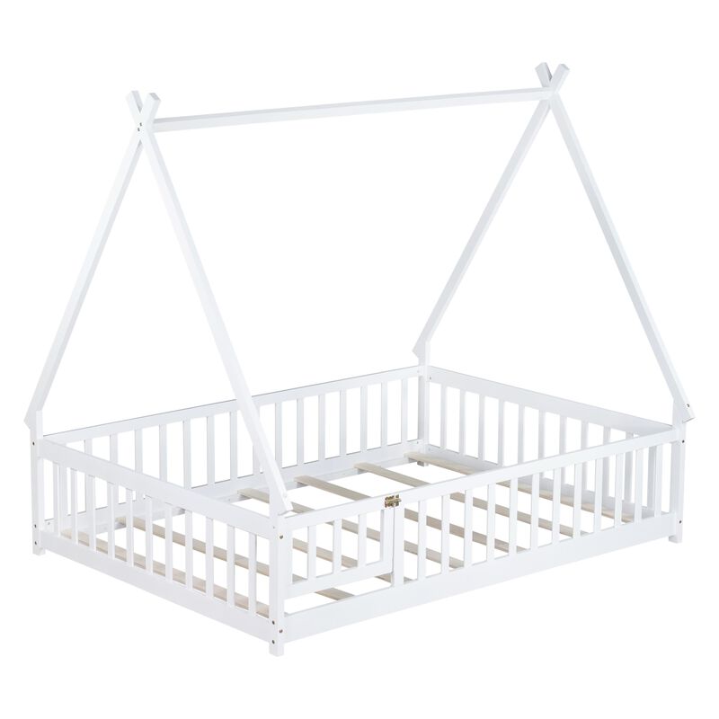 Whisen Wooden Teepee Tent Bed with Guardrails and Slats, Full Floor Bed with Door for Kids image number 5