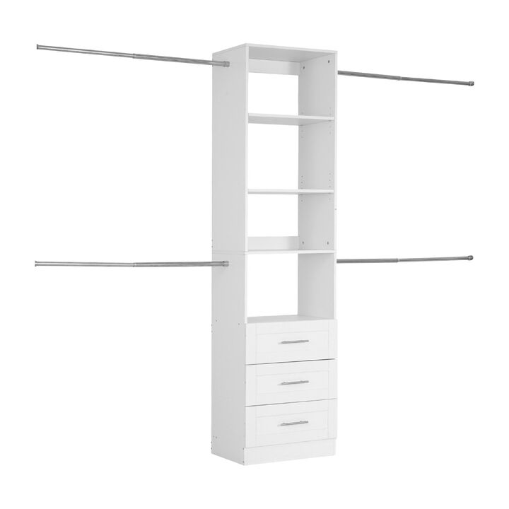 Wooden Closet System with 4 Hanging Rods and Drawer Storage - White
