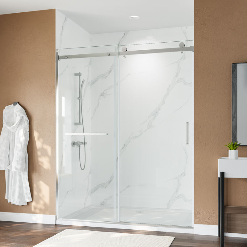 Brushed Nickel Aluminum Shower Door, Reversible Installation with Safety Glass & Towel Bar