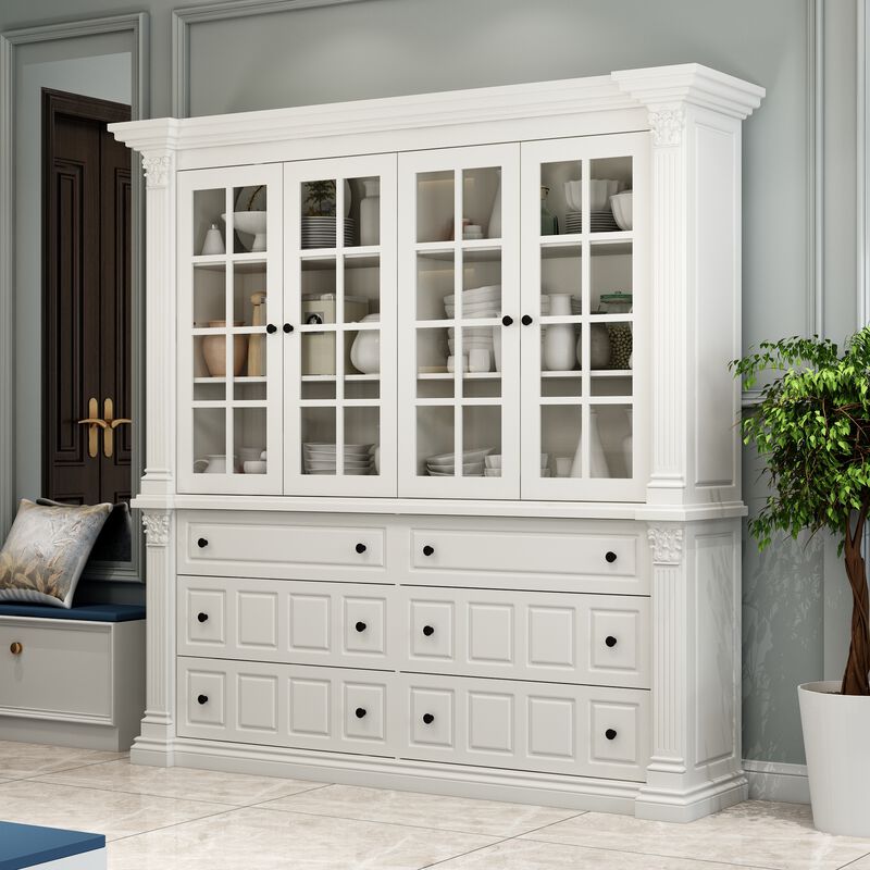 FUFU&GAGA Modern Kitchen Cabinet with 4 Glass Doors & 6 Drawers, Painted Finish, Black Handles, (74.8 in. W x 17.7 in. D x 74.8 in. H), White