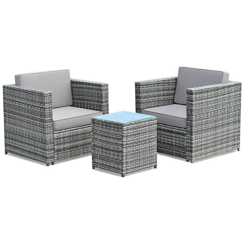 3-Piece Patio Garden Rattan Furniture Set with Cushioned Sofa and Coffee Table