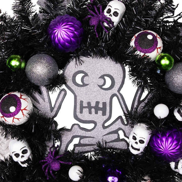 Purple and Black Spooky Skeleton Pine Halloween Wreath  24-Inch  Unlit
