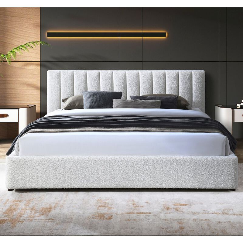 Omax Decor Jaxon Upholstered Platform King Bed in White Boucle Fabric