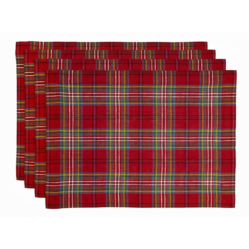Christmas Linen Placemats 14 x 19 in Set of 4 - Classic Tartan Plaid, Solino Home