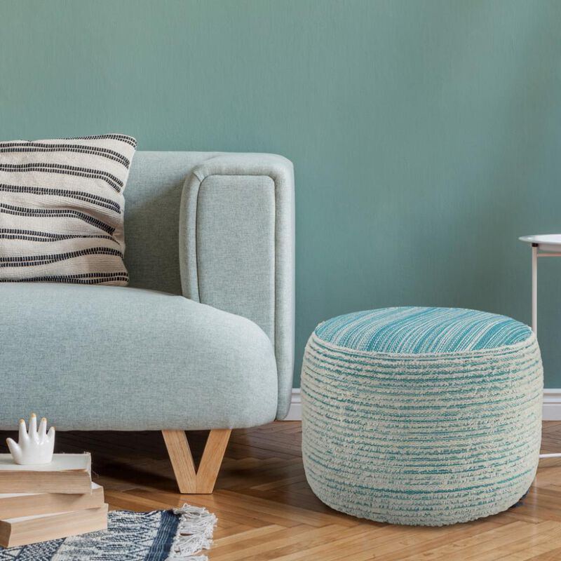 Hivvago 18 Inch Blue Fabric Cylinder Striped Pouf Ottoman