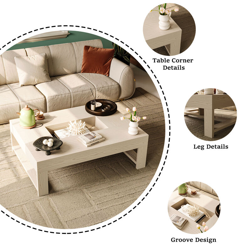 FUFU&GAGA Modern White Wood Coffee Table &ndash; Solid Wood, Spacious Tabletop with Built-in Storage, Sturdy Frame (47.2" W x 35.4" D x 15.8" H), White