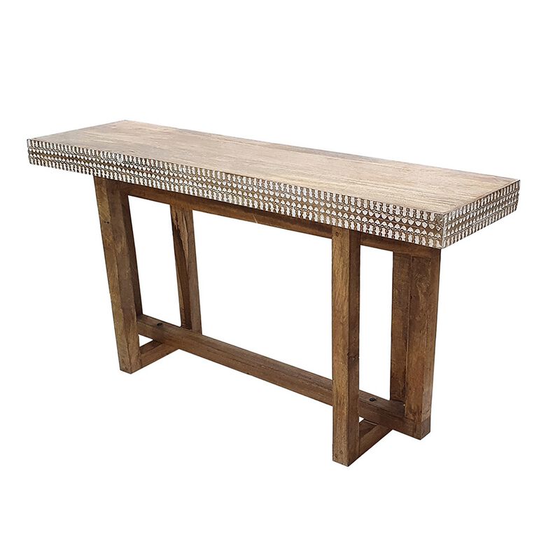 55 Inch Console Sideboard Sofa Table, Hand Carved Wood Apron, Classic Brown image number 0