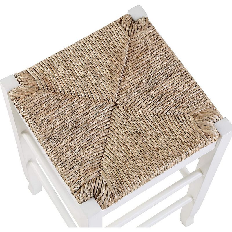 Square Wooden Frame Barstool with Hand Woven Rush, White and Brown