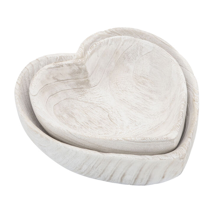 White Wood Heart Bowl S/2