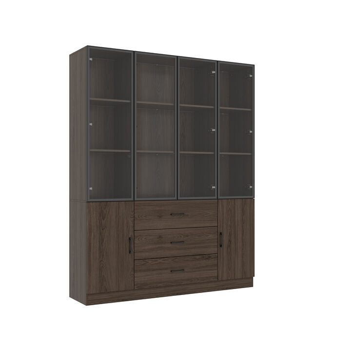 Brown Wood 63 in. W Display Cabinet With Pop up Tempered Glass Doors, 3-Color LED Lights, Drawers, Adjustable Shelves