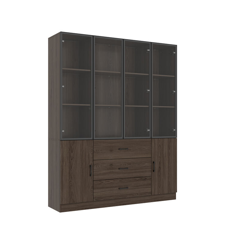 Brown Wood 63 in. W Display Cabinet With Pop up Tempered Glass Doors, 3-Color LED Lights, Drawers, Adjustable Shelves