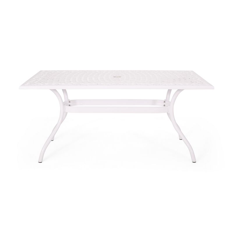 Toni Table, 67 Inch Rectangular Lattice Top, Saber Legs, White Aluminium - Benzara